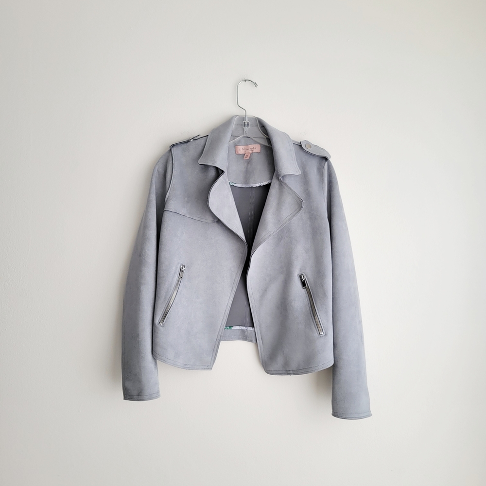 PHILOSOPHY Casual Chic Blue Gray Moto Open Front Layering Jacket